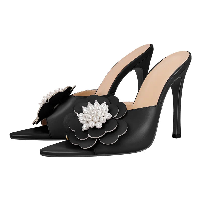 Women Peep Toe Mules Flower Pearl Pointed Toe Big Size Stiletto Mules
