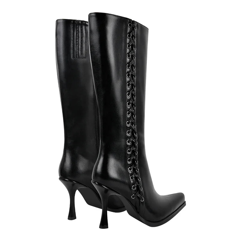Women Pointed Toe Black Matte Knee High Boots  Stiletto Sexy  Kitten Heels Side Zipper Winter Boots