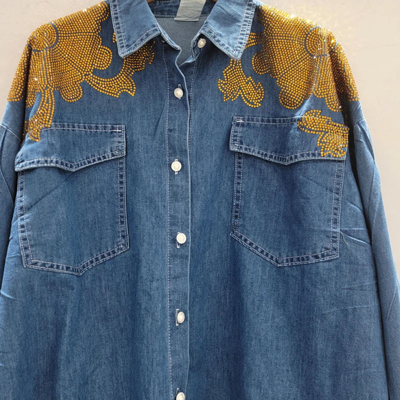 2026 Autumn New Fashion Design Denim Two-Piece Set For Women Heavy Rhinestone Shirt Elastic Waist Wide-leg Pants 11A05592