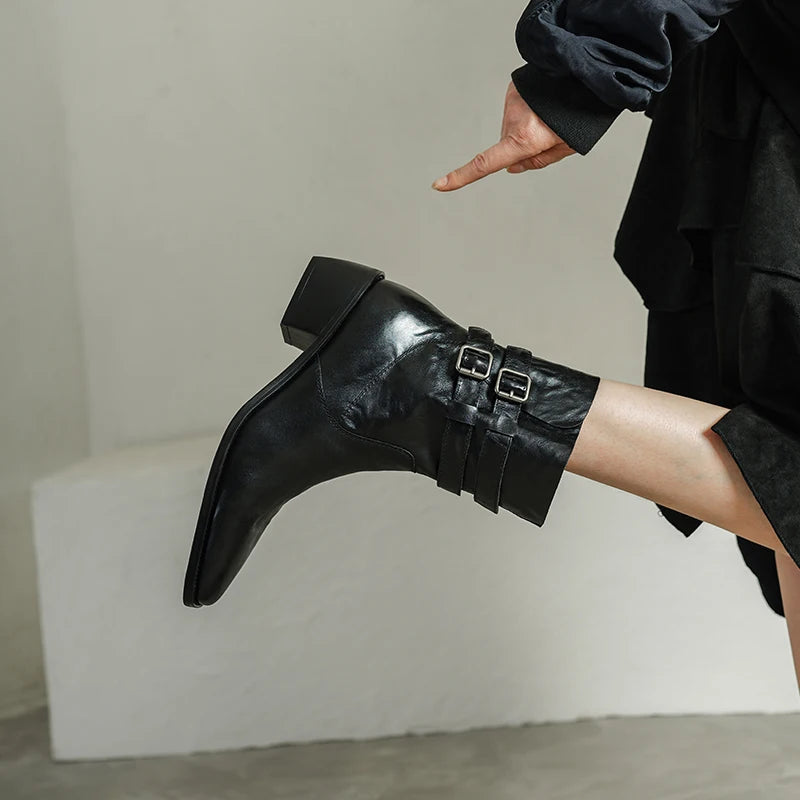 New Women Handmade Genuine Leather Soft and comfortable Ankle Boots Sexy Square Toe Mid Heels Casual 34-40