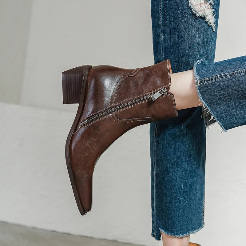 Handmade Genuine Leather Soft and comfortable Ankle Boots Women's Chunky Heel Retro ort Pattern Booties 34-40