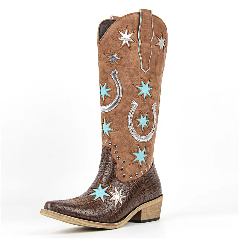 Onlymaker Women Embroidery Star Western Cowgirl Boots Pointed Toe Side Zipper Knee High with Chunky Heel  Boots