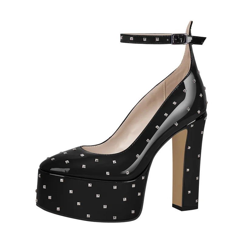 Women Mary-Jane Platform Pumps  Black Chunky  High Heels Ankle Strap Dress Party Big  Size Female Shoes