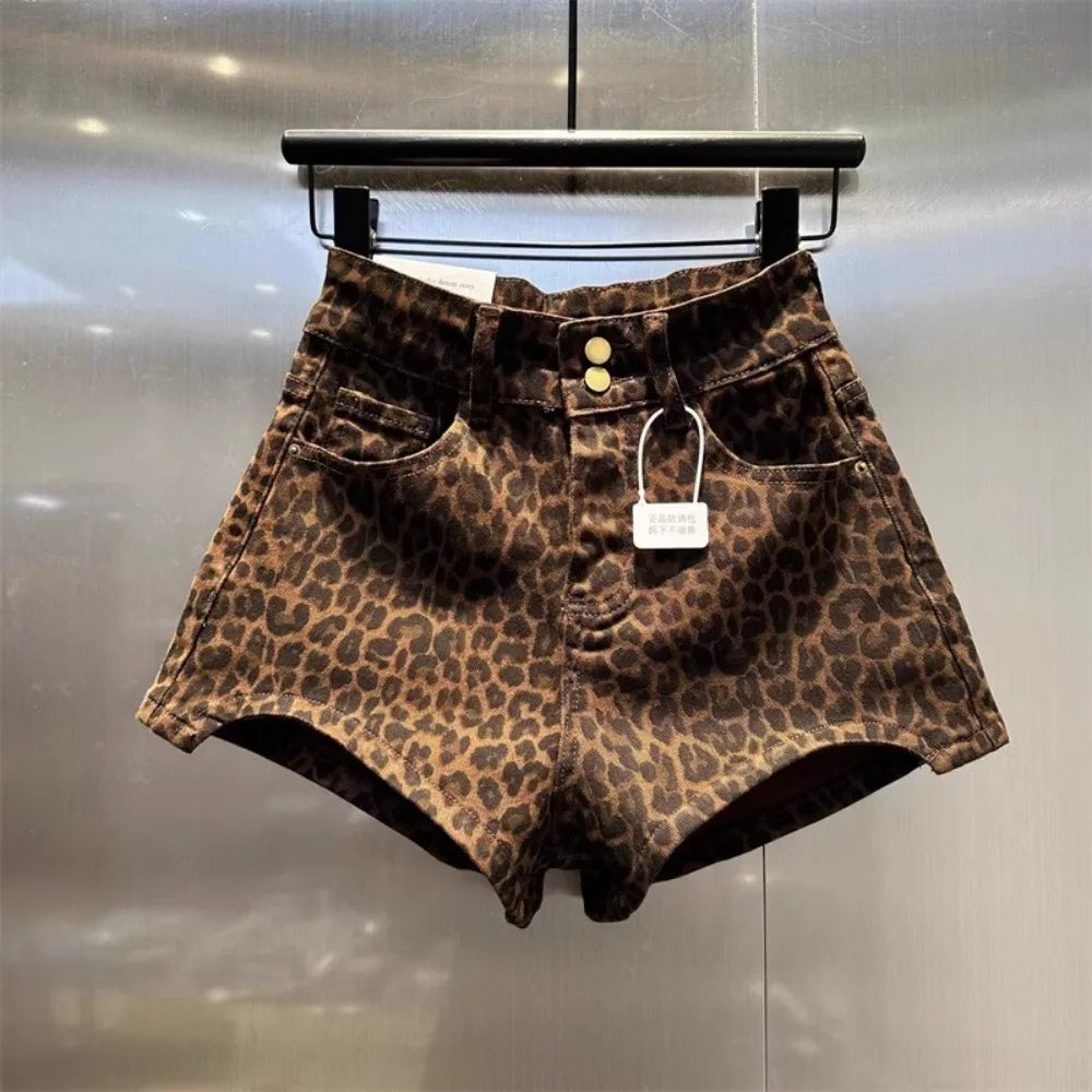 2026 Leopard Print High Waist Denim Shorts Women's New Irregular Fashion Wide-leg Pants Booty Shorts Jeans Mini Shorts Summer
