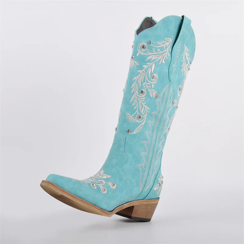 Onlymaker Women Pointed Toe Pull On Western Cowgirl Boots Fringed Chunky Heel Embroidery Cowboy Boots