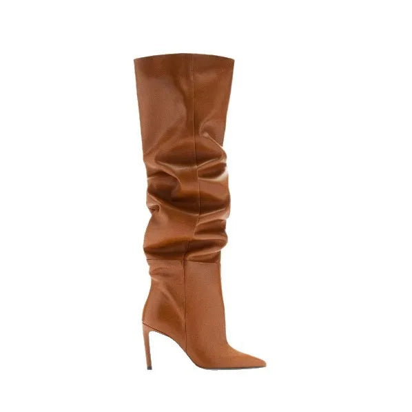 Fashion Pointed High Heels with Pleated Pile Boots, Size 46 Knee High Boots for Women, High Tube Boots