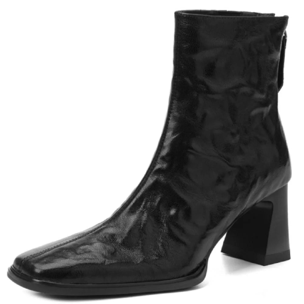 Women's genuine leather square toe back zip ankle boots elegant ladies thick high heel daily dress slim 33-40