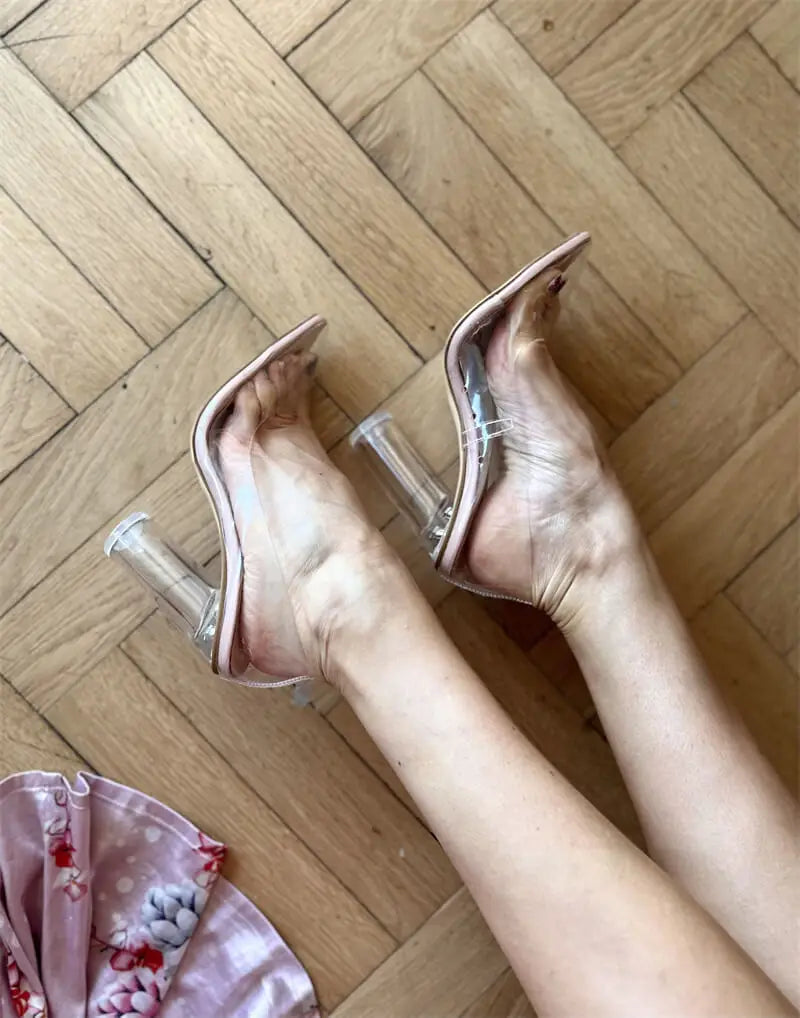 Women Pointed Toe PVC Clear High Heels Pumps Buckle   Chunky  Transparent Strip  Big Size Summer Pumps