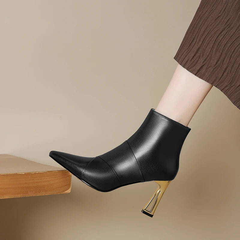 Women Handmade Genuine Leather Shoes Pointed Toe Elegent High Heel Ankle Boots Daily Shoes 34-40