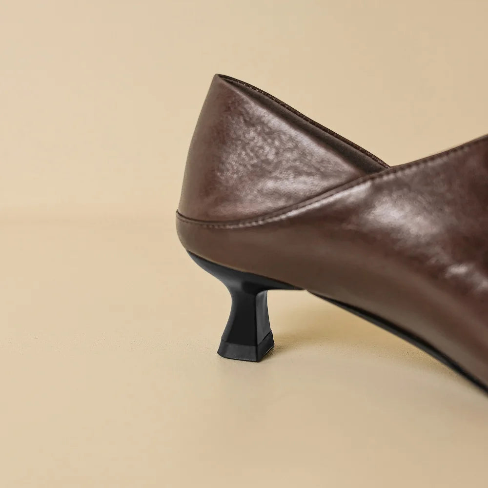 New Handmade Genuine Leather Soft and comfortable Women Retro Pointed Toe Shoes Mid Heels Loafers 34-40