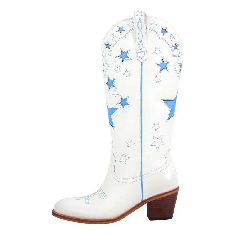 Onlymaker Women Pull-on Knee High Western Cowgirl Boots  Big Size Comfy Women White Stars Cowboy Boots