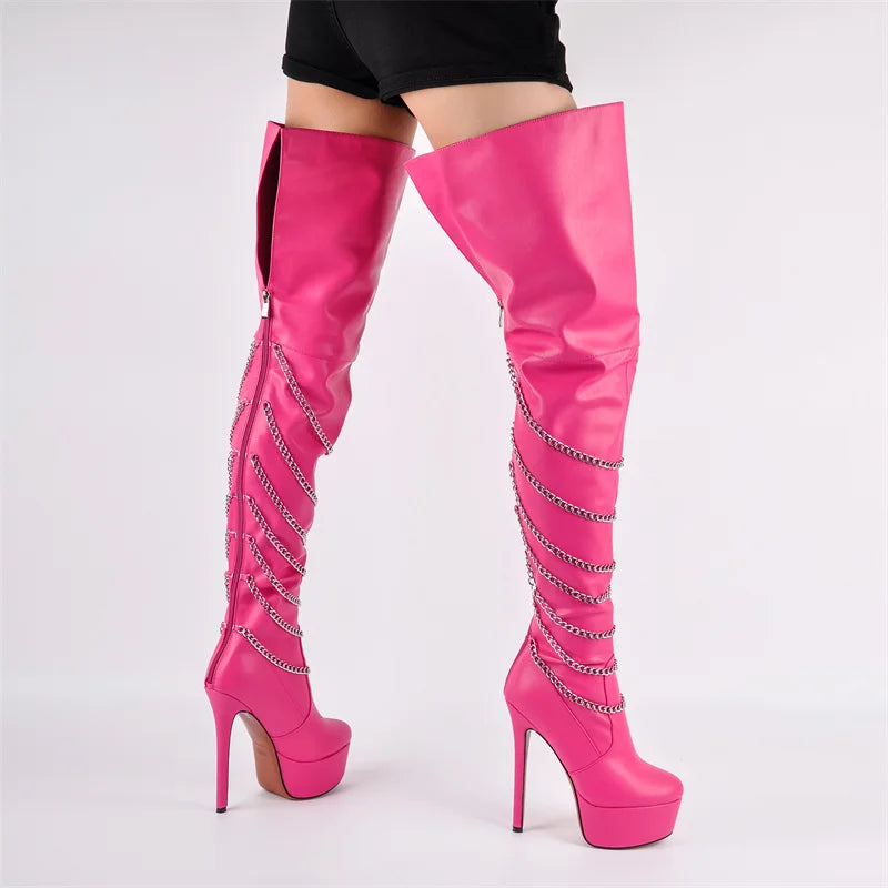 Onlymaker Woman Platform Over The Knee Boots Thin High Heel Lady Metal Chain Decoration Zipper Female Thigh Boots