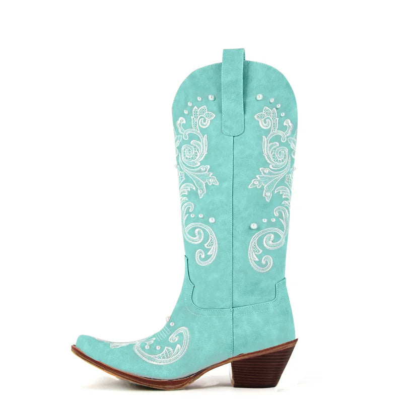Onlymaker Women Pointed Toe White Pearl Embroidery Cowboy Boots Mid Calf Side Zipper Pearls Wedding Western Cowgirl Boots