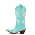 Onlymaker Women Pointed Toe White Pearl Embroidery Cowboy Boots Mid Calf Side Zipper Pearls Wedding Western Cowgirl Boots
