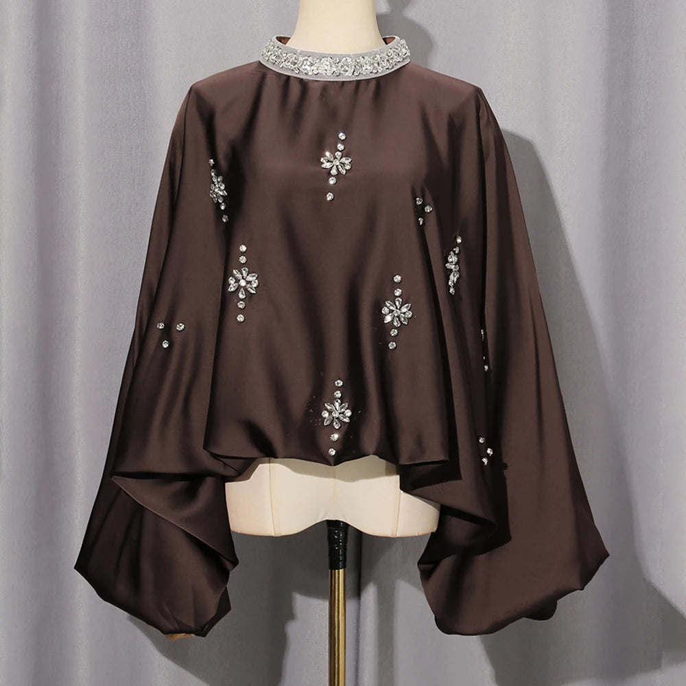 Elegant Retro Loose Blouses for Women Stand Collar Batwing Sleeve Patchwork Diamonds Chic Blouse Female Autumn Clothing New