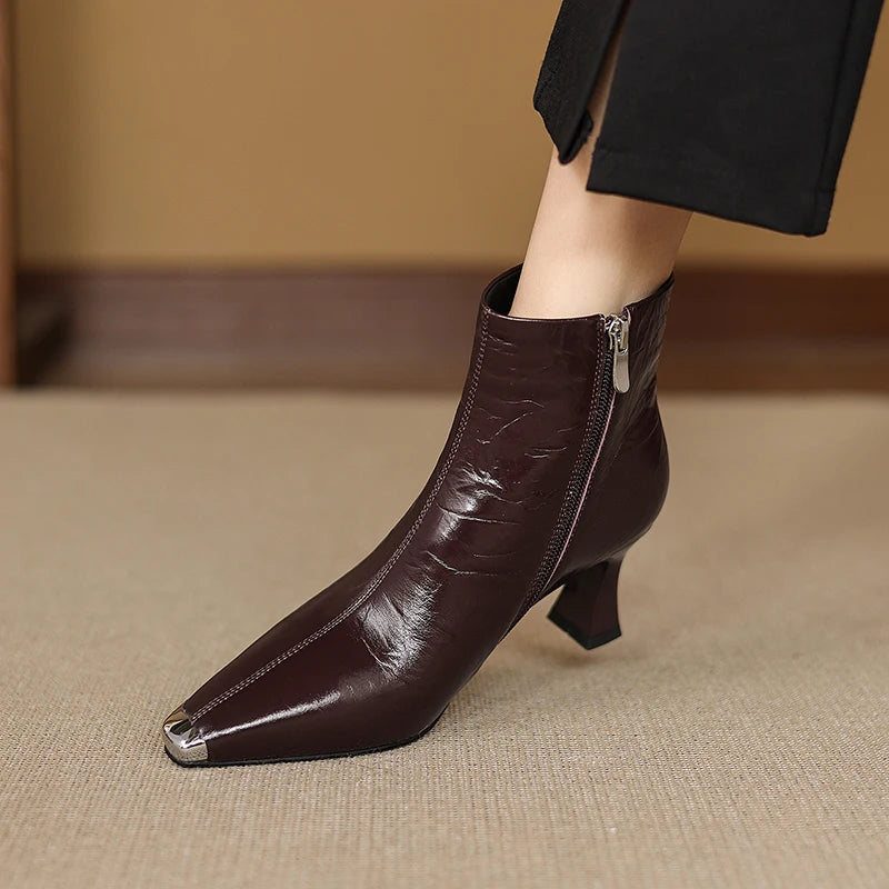 New Women Ankle Boots Winter Genuine Leather Autumn Shoes High Heels Pointed Toe Dress Lady Short Boots