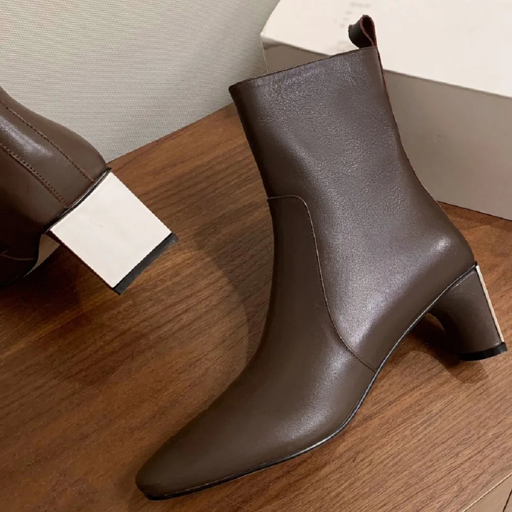 New Handmade Genuine Leather women's Round Toe Med Heels Ankle Boots For Party Dating Shoes Office Lady 33-40