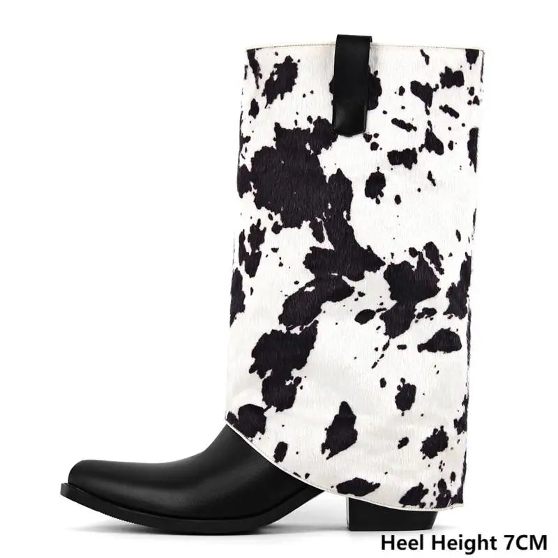 Woman Pointed Toe Cows Print Slip-on Short Boots Chuny Heel Fashion Fold-over Boots