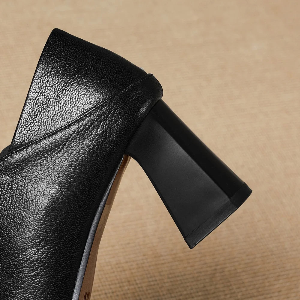 Women's Handmade New Metal Headed Genuine Leather Cowhide High Heels Square Headed Retro Shoes 34-40