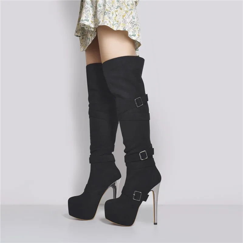 Onlymaker Women Black Platform Over The Knee  Boots 16CM High Heel Stiletto Buckle High  Back Zipper  Plus Size Boots
