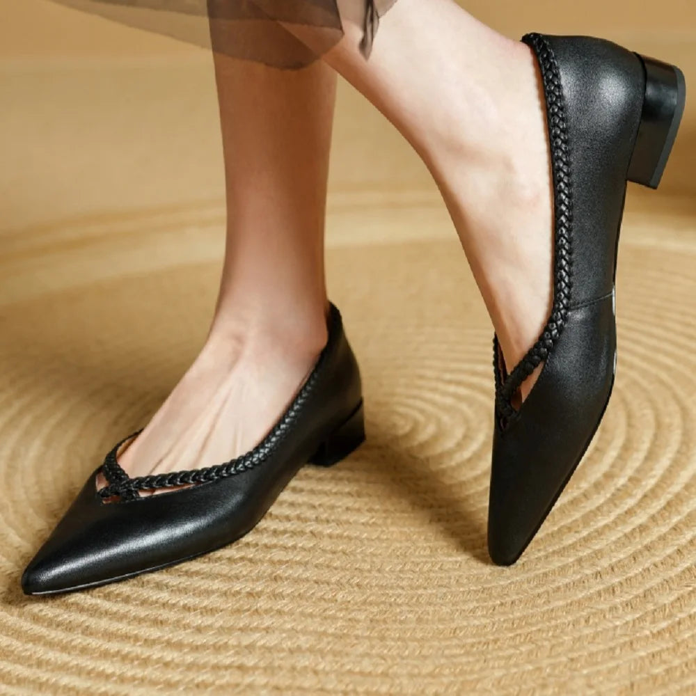Women Handmade Cowhide Pointed Toe Low Heels Designs Shallow Loafers for Women Ladies Shoes 34-40