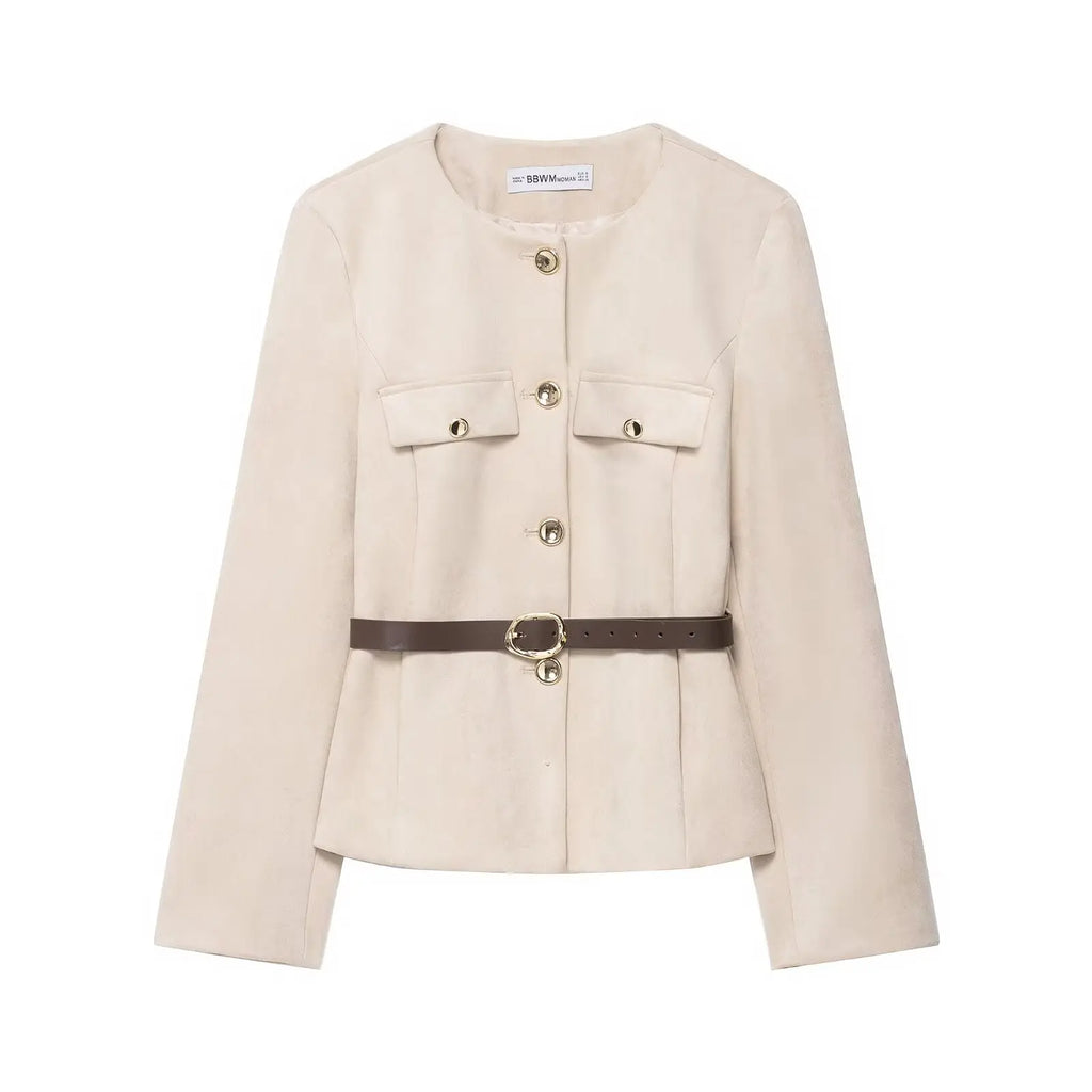 HH Women New Fashion Suede Blazer Coats O Neck Single Breasted Long Sleeve Belt Jacket Autumn Casual Female Y2K Streetwear