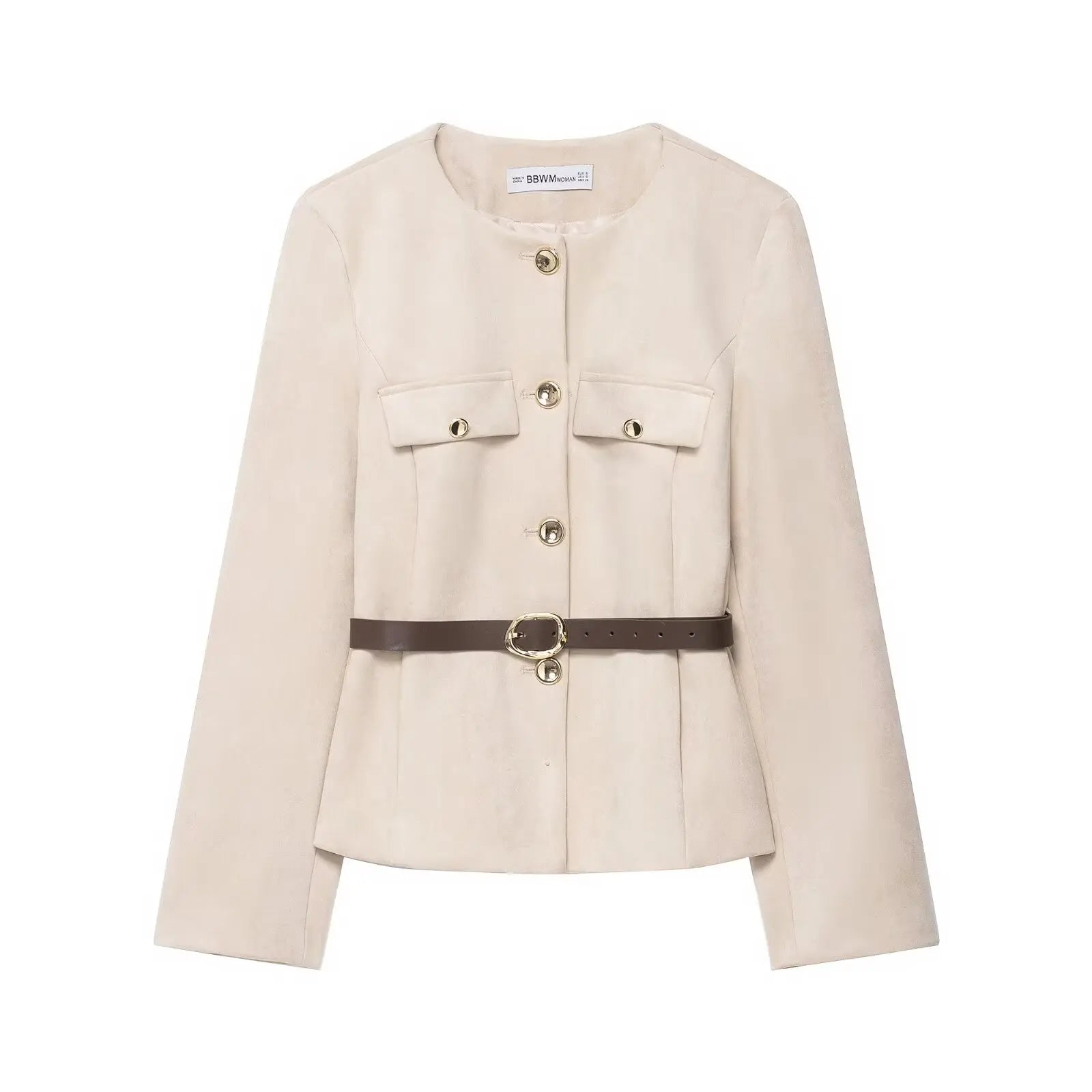 HH Women New Fashion Suede Blazer Coats O Neck Single Breasted Long Sleeve Belt Jacket Autumn Casual Female Y2K Streetwear