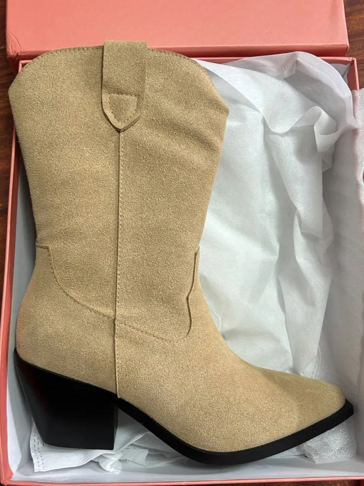 2025 Autumn and winter new women's thick heel high short boots, fashionable pointed casual plus size women's calf boots