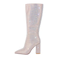 Onlymaker Women Sliver Rhinestone  Knee High Boots Side Zipper Fashion Handmade Chuny Heel Boots