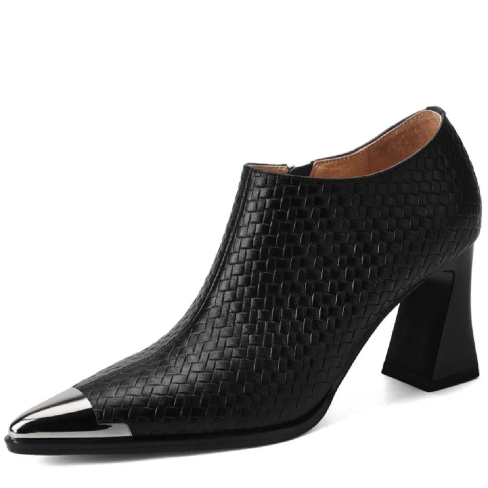 Handmade Genuine Leather Style Metal Head Anti-Collision Women's Shoe Deep Mouth Pointed Toe High Heels Seasonal