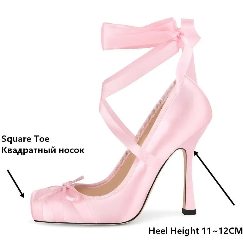 Women Square Toe Satin Pumps High Heeled Big Size  Ankle Strap Lace up Stiletto Classic Pumps Heels