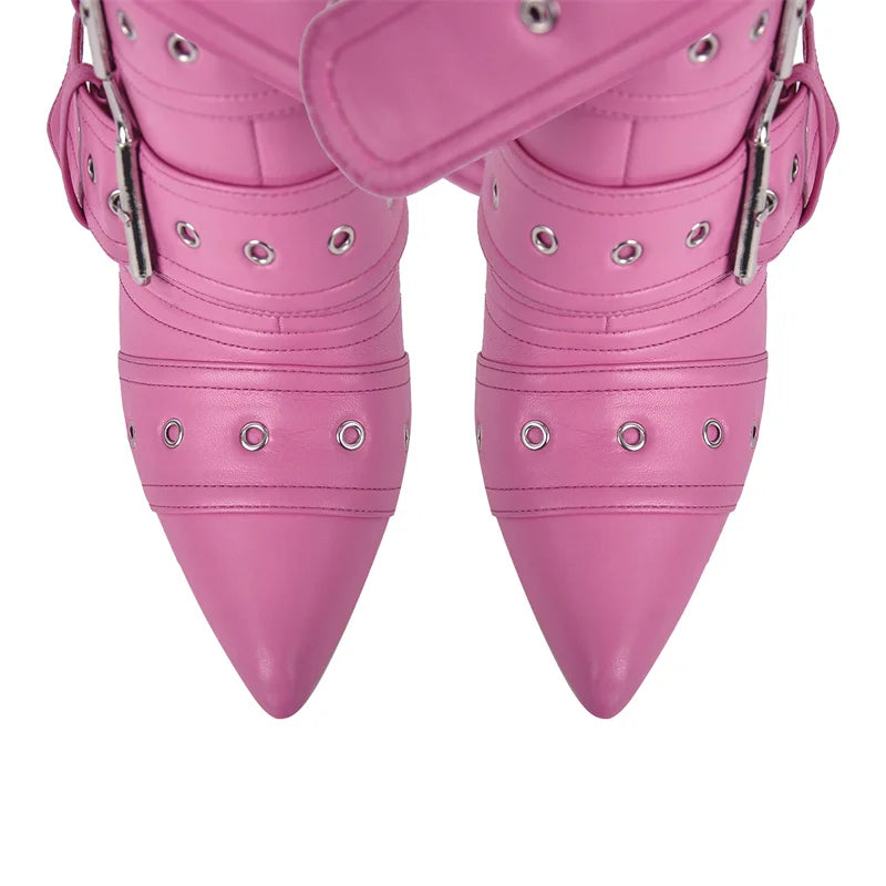 Onlymaker Women Pink Mid-Calf Boots Buckle Strap Thin High Heel Lady Zipper Female Pointed Toe  Stiletto Boots