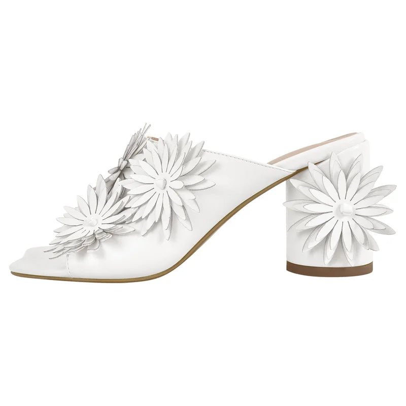 Women Square Toe Flower Mules Chunky Heels Slip On Summer Sandals