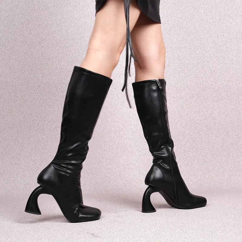 Onlymaker Women Square Toe The Knee Boots Side Zipper Shaped Heel High Boots