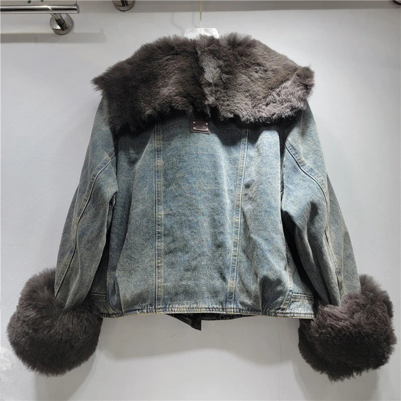 2026 Jeans Jacket Winter New Fashion Patchwork Denim Parka Coat For Women Vintage Thickened Faux Fur Short Jacket Female 11A06679