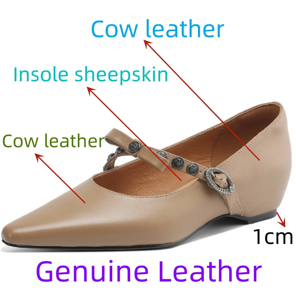 Handmade Genuine leather metal buckle sweet bowtie Mary Jane elegant ladies 3.5cm wedge med heeled shoes 34-41