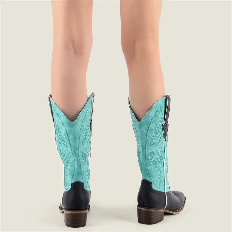 Onlymaker Women Square Toe Embroidered  Western Boots Block Heel Fashion Big Size Side Zipper Cowgirl Boots