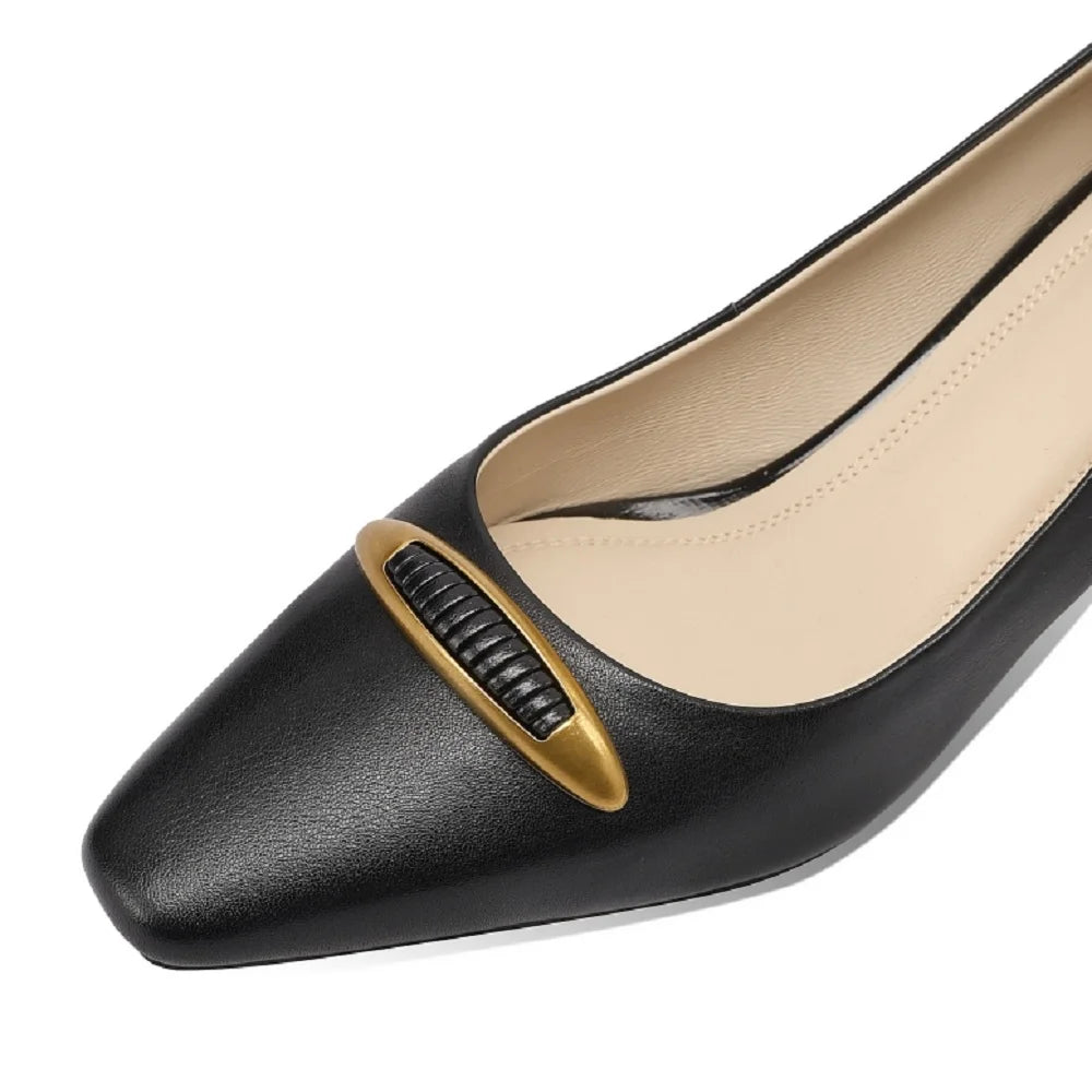 Women Handmade Genuine Leather Shoes Female Mid Heels Square Toe Shallow Office Lady Tacones Career Capable 33-43