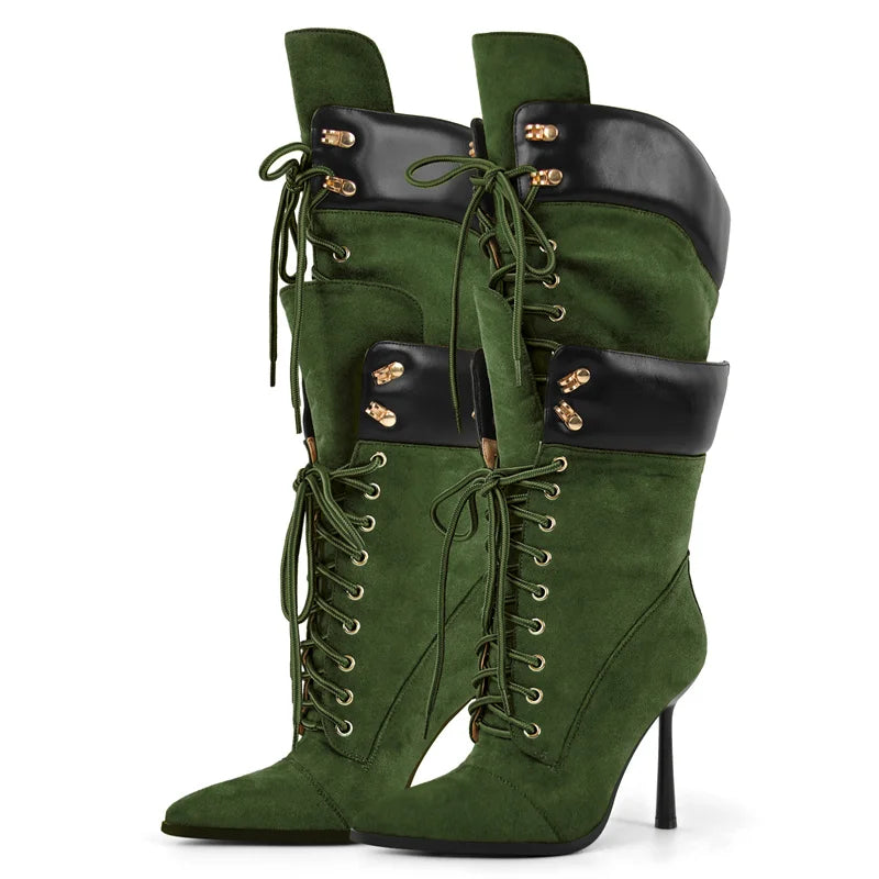 Onlymaker Women Pointed Toe Double Stiletto High Heel Lace Up Mid-Calf Boots Fashion Sexy Lace Up Strappy Knee High Boots