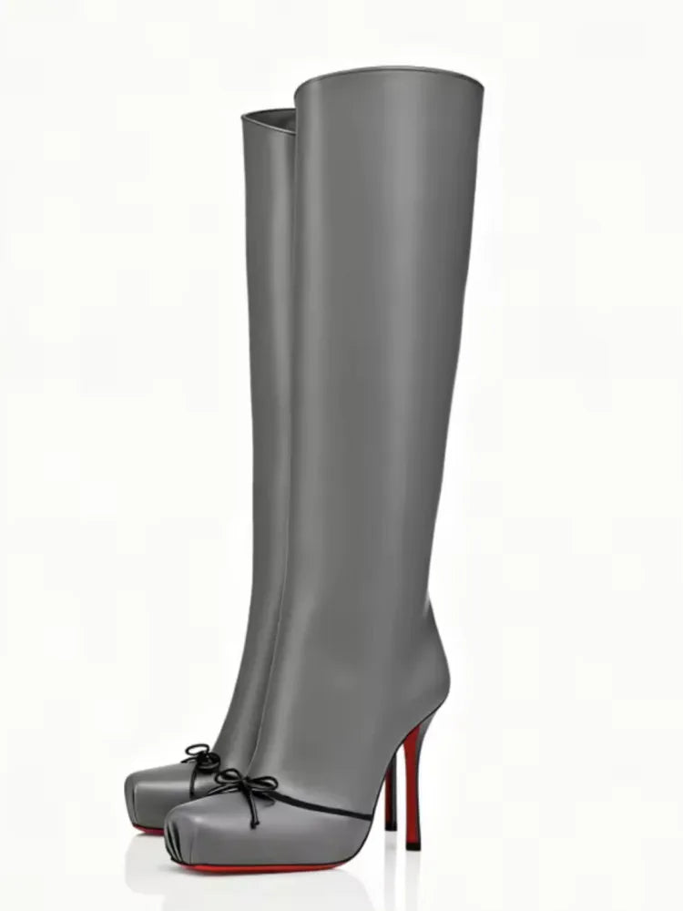 2026 Women's Autumn and Winter Fashionable Black High-heeled Knee High Boots with Square Toe and Side Zipper, Women's Midsole Boots