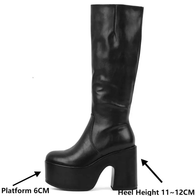 Onlymaker Women Black Round Toe Platform Knee High Boots Side Zipper Fashion Chunky Heel Mid-Calf Boot Punk Boots
