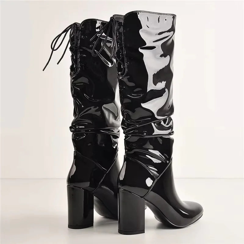 Onlymaker Women Pointed Toe Black Pleated 8.5CM High Heels Patent leather Crinkle Mid Calf Chunky Big Size Fashion Boots