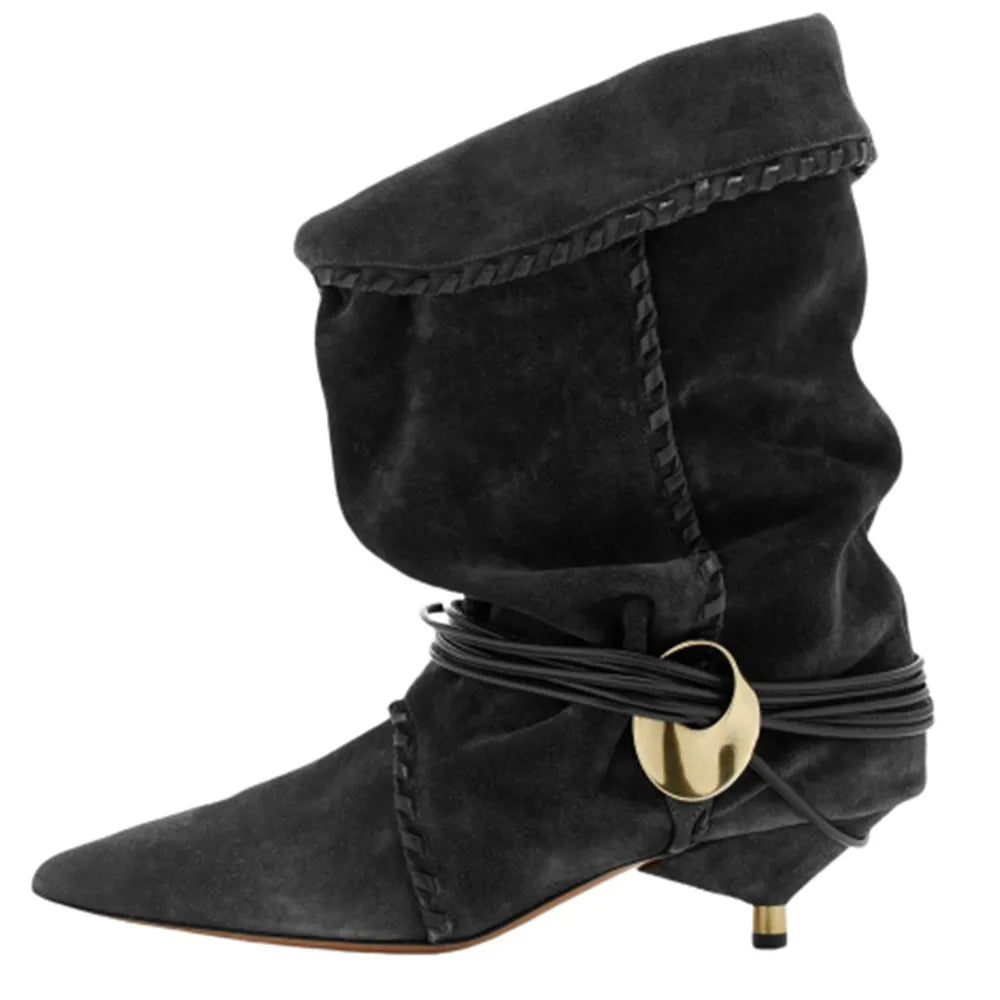 Women's Autumn and Winter New 5cm Slim Heel Fringed Calf Boots with Pointed Pleats, Women's Knight Boots, Mid Leg Boots