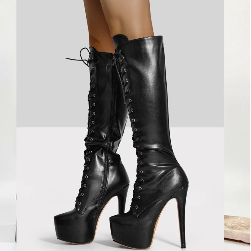 Onlymaker Women's Round Toe Stiletto Platform Zipper Knee High Boots High Heel Lace Up Plus Size Winter Fashion Sexy Boots