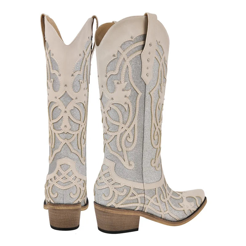 Onlymaker Women Glitter Rivet Pull-on Knee High Western Boots Big Size US15 Sparkly  Cowgirl Boots