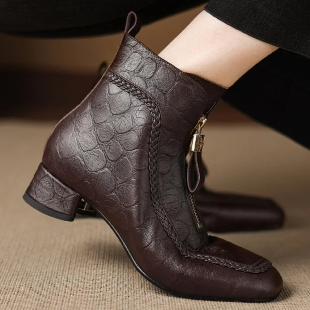 New Women Handmade Genuine Leather Soft and comfortable Square Toe Chunky Heel Shoes Modern Ankle Boots