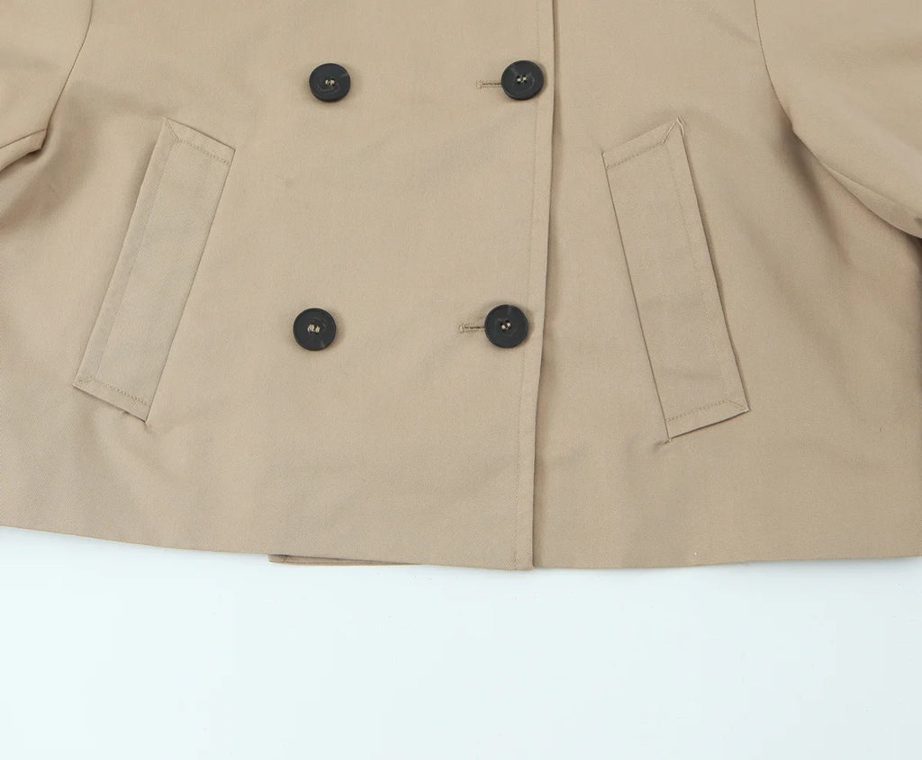 Women Double Breasted Cropped Trench Jacket Long Sleeves for Female Autumn Winter Outerwear