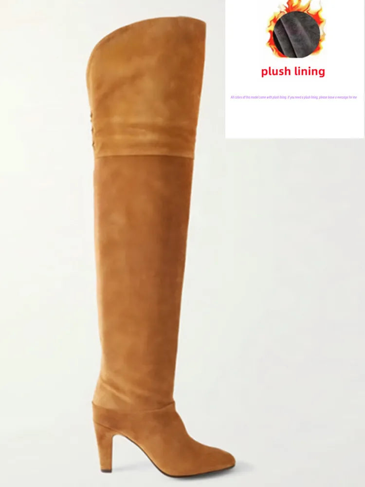 2026 Autumn and Winter Women's Thick High-heeled Knee High Boots, Round Headed Cowhide Suede Fashionable Women's Plus Size Boots