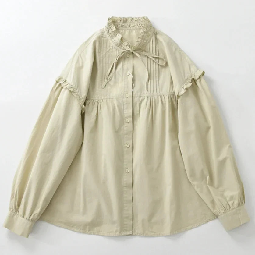 100% Cotton Vintage Elegant Chic Long Puff Sleeve Ruffled Collar Loose Blouse 2025 Fall Spring Sweet Victorian Edwardian Shirt