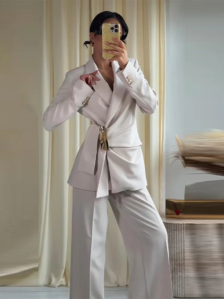 Fashion Solid Blazer Long Pants Sets Women 2026 Spring Long Sleeve Lace Up Suit Coat Wide Leg Straight Long Pant 2 Pieces Sets